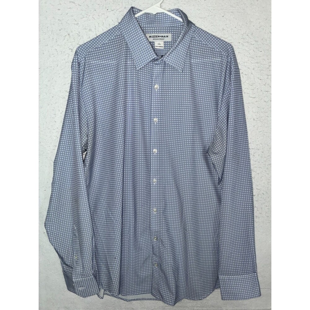 Mizzen + Main Shirt Mens L Blue Button Up Performance Long Sleeve white Blue geo